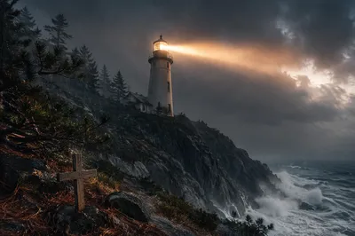 Lighthouse Beacon Over Stormy Evergreen Coast
