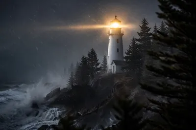 Lighthouse Beacon Through Evergreen Winter Storm