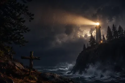 Lighthouse Beacon Guiding Through Stormy Night