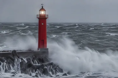 Red Lighthouse Beacon in Coastal Storm