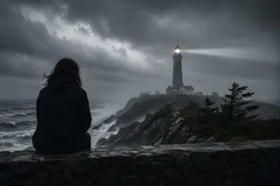 Lighthouse Beacon on Stormy Evergreen Coast