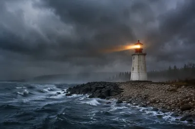 Lighthouse Beacon Through Stormy Coastal Rain