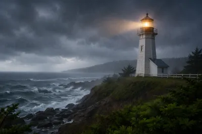 Lighthouse Beacon Through Stormy Coastal Rain
