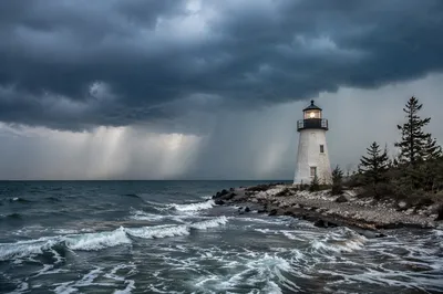Lighthouse Beacon Through Stormy Evergreen Coast
