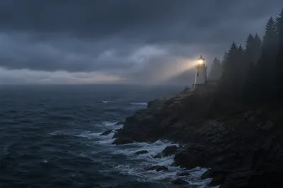 Lighthouse Beacon Guiding Through Stormy Evergreen Coast
