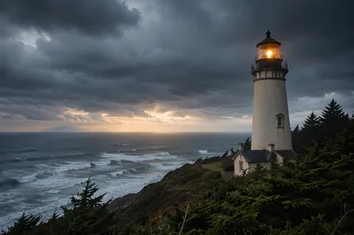Lighthouse Beacon Over Stormy Evergreen Coast