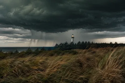 Lighthouse Beacon Beyond Stormy Evergreen Dunes
