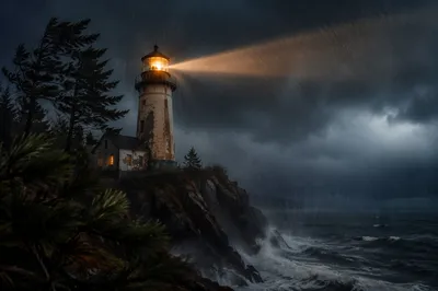 Stormlit Lighthouse Beacon Among Evergreen Pines