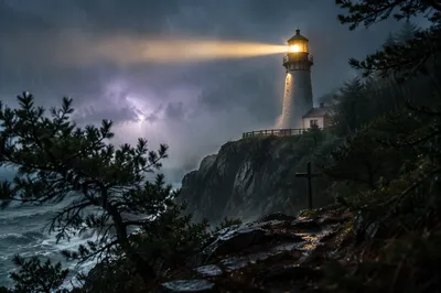 Lighthouse Beacon Through Stormy Evergreen Coast