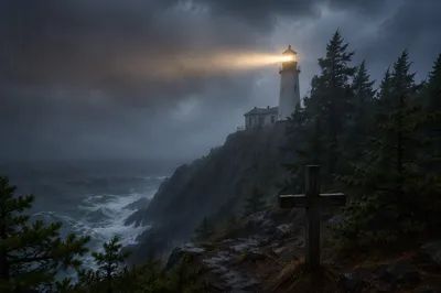 Stormy Lighthouse Beacon Above Evergreen Cliffs