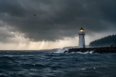 Lighthouse Beacon Through Stormy Evergreen Coast