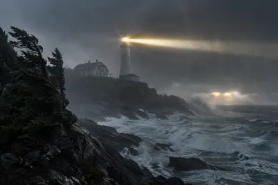 Lighthouse Beacon Over Stormy Evergreen Coast