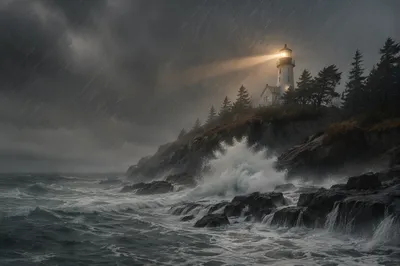 Lighthouse Beacon Through Evergreen Winter Storm