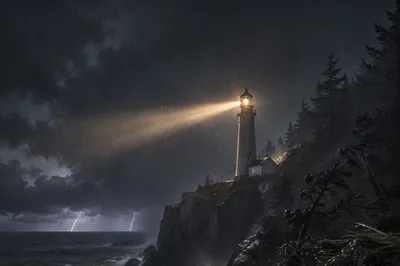Lighthouse Beacon Through Stormy Evergreen Coast