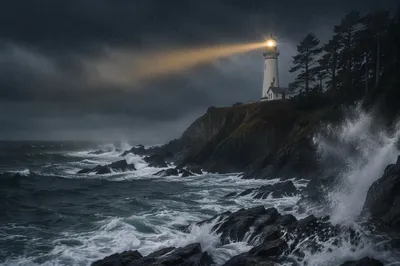Lighthouse Beacon Through Evergreen Storm
