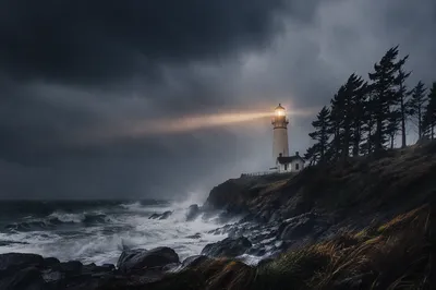 Lighthouse Beacon Through Evergreen Storm
