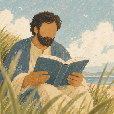 Man Reading Bible in Morning Coastal Light