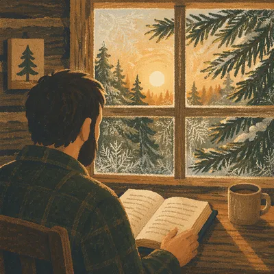 Morning Bible Reading by Evergreen Cabin Window