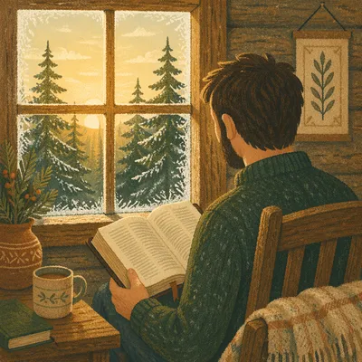 Morning Bible Reading by Evergreen Cabin Window