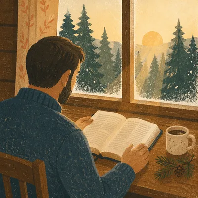 Morning Bible Reading by Evergreen Window