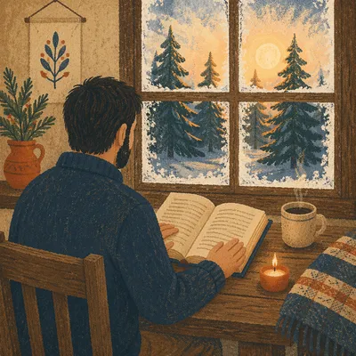 Morning Bible Reading by Evergreen Window