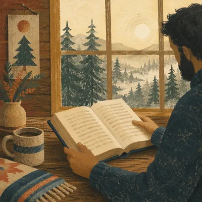 Morning Bible Reading by Evergreen Window