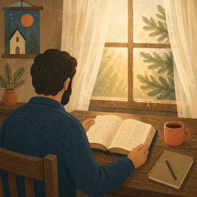 Morning Bible Reading by Evergreen Window