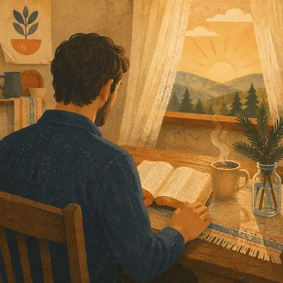 Morning Bible Reading in Golden Kitchen Light