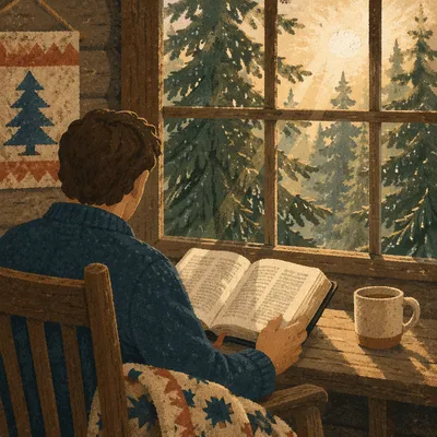 Morning Bible Reading by Evergreen Cabin Window