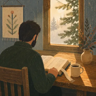 Morning Bible Reading by Evergreen Window