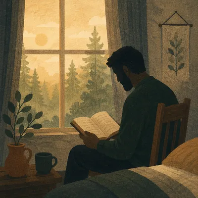 Morning Bible Reading by Evergreen Window