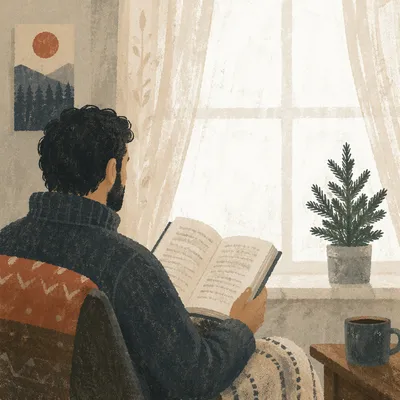 Morning Bible Reading by Evergreen Window