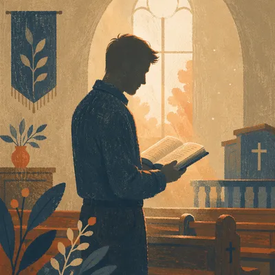 Man Reading Bible in Morning Chapel Light