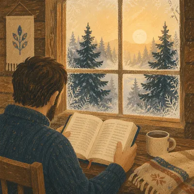 Morning Bible Reading by Evergreen Cabin Window
