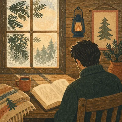 Morning Bible Reading by Frosted Cabin Window
