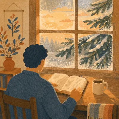 Morning Bible Reading by Evergreen Window