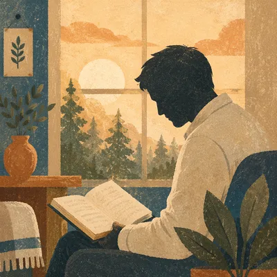Morning Bible Devotion by Evergreen Window