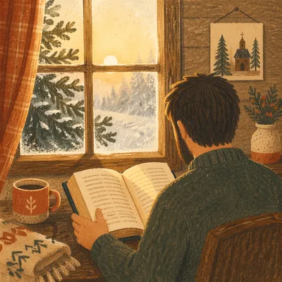 Morning Bible Reading by Evergreen Window