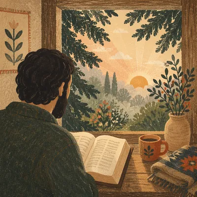 Morning Bible Reading by Evergreen Window
