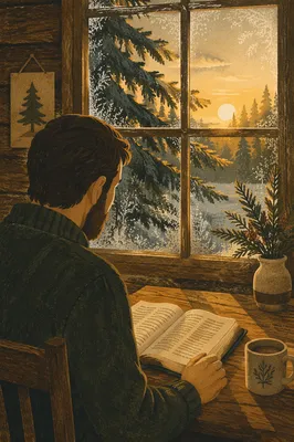 Morning Bible Reading by Evergreen Cabin Window