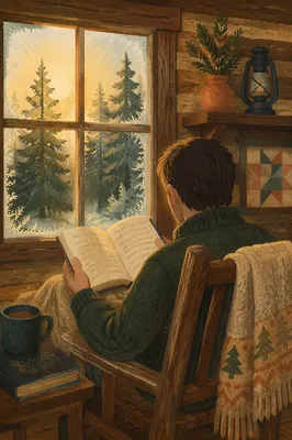 Morning Bible Reading by Evergreen Cabin Window