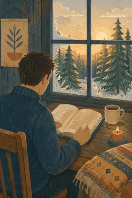 Morning Bible Reading by Evergreen Window