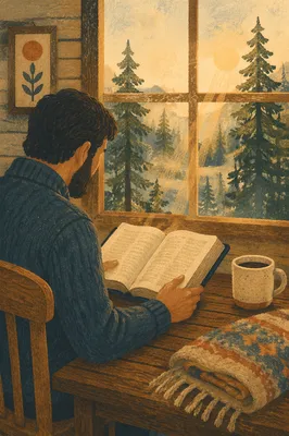 Morning Bible Reading by Evergreen Window