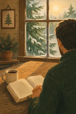 Man Reading Bible in Morning Cabin Light