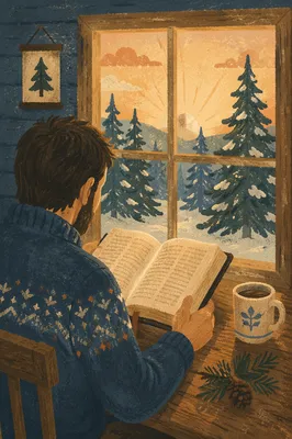 Morning Bible Reading by Evergreen Cabin Window