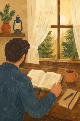 Morning Bible Reading Beside Evergreen Window