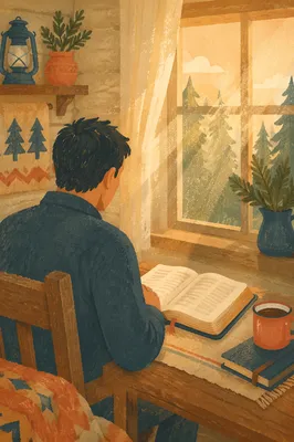 Man Reading Bible in Morning Cabin Light