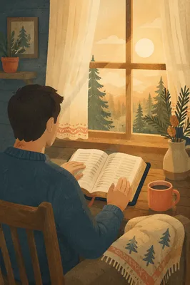 Man Reading Bible in Morning Window Light