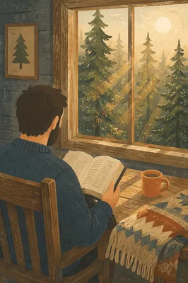 Morning Bible Reading by Evergreen Window