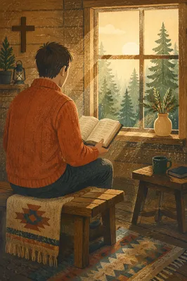 Man Reading Bible in Morning Cabin Light